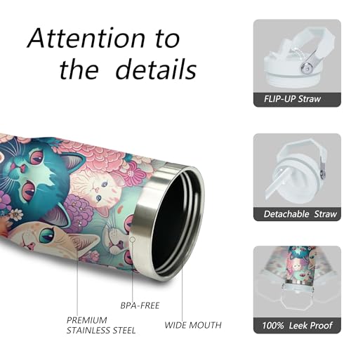 Xchearser Tumbler with Handle and Flip Straw for Women Men, 30oz Cute Cat Stainless Steel Insulated Cup, Water Bottle Trav...