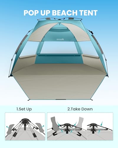 OutdoorMaster Beach Tent Sun Shelter for 3-4 Person, Pop Up Beach Tent Easy Setup with Sandbags, Portable Sun Shade Canopy...