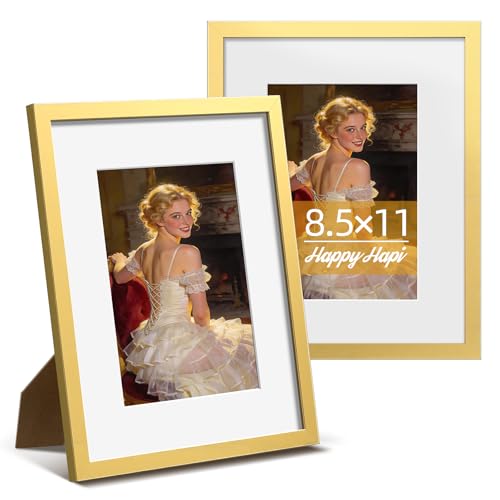 HappyHapi 8.5x11 Picture Frame, Gold Picture Frames Display Photos 6x8 with Mat or 8.5x11 Without, Plastic Frame for Wall...