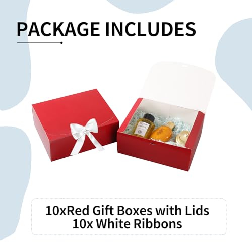 XyaMov 10 PCs Gift Boxes with Lids,10x8x4 inches Red Gift Boxes with Ribbons, Bridesmaid Proposal Box,Kraft Paper Gift Box...