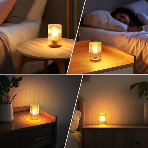 Mirasium Battery Operated Lamp, Cordless Table Lamp with Timer, Desk Bedside Lamps with LED Warm Light, Glass Small Table ...