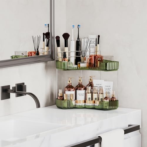 Asayuee 2-Tier Corner Bathroom Counter Organizer with Top Toothbrush Holders,Large Makeup Organizer Countertop with Brush ...