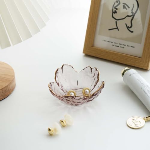 GISK Pink Flower Jewelry Ring Dish Tray,Decorative Glass Trinket Dish,Room Decor Aesthetic, Modern Accent Tray for Vanity(...