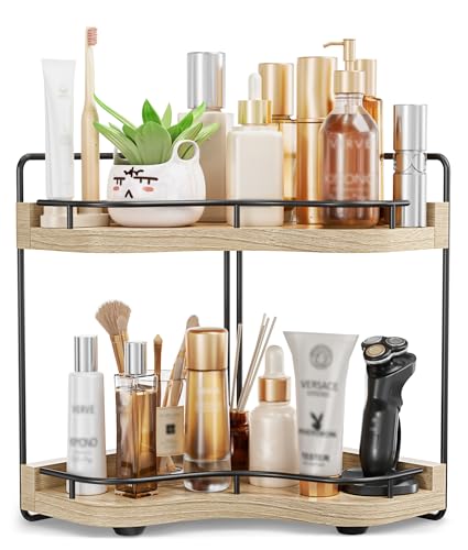 2-Tier Corner Bathroom Counter Organizer with Embedded Screw Holes, Secure & Stable Wood Vanity Shelf for Makeup and Skinc...