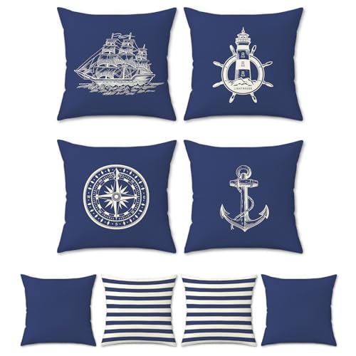 Bonhause Nautical Navy Blue Pillow Covers 18x18 Set of 4 Anchor Lighthouse Sailboat Compass Decorative Pillow Cases Linen ...