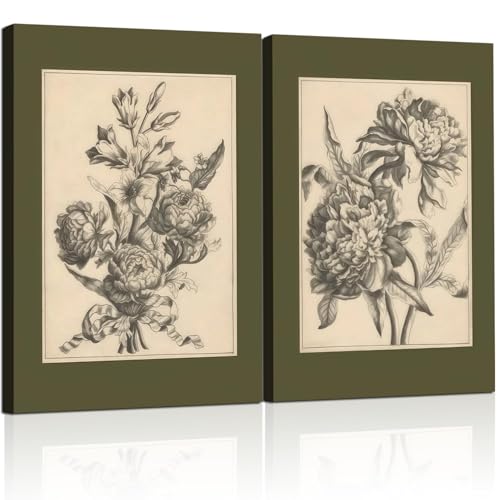 WALUPLL Vintage Peony Flowers Wall Art Olive Green Peony Floral Wall Art Vintage Prints Wall Art Flower Sketch Prints Anti...