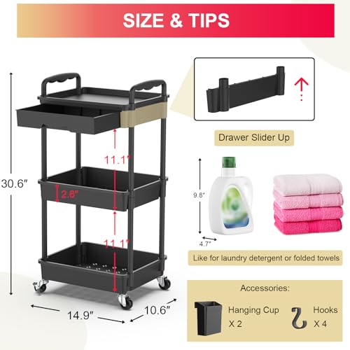 Goovilla 3 Tier Rolling Utility Cart Organizer with Removable Drawer, Stable and Sturdy Black Rolling Storage Carts with 2...