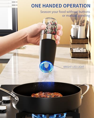 CIRCLE JOY Gravity Electric Salt and Pepper Grinder Set Automatic Salt and Pepper Grinder Set with LED Light, Battery Oper...