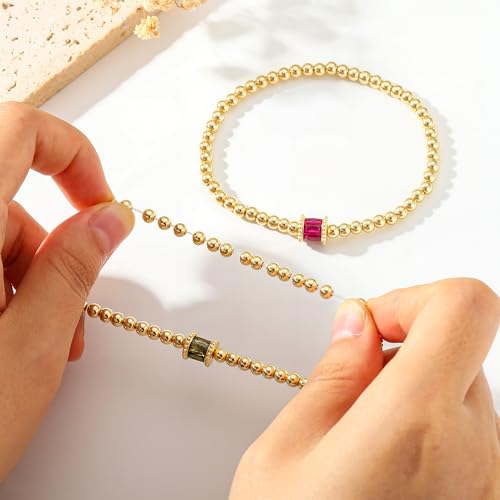 M MOOHAM Mothers Day Gifts - Birthstone Gold Beaded Bracelets for Women, Dainty Elastic 14k Real Gold Plated Beaded Bracel...