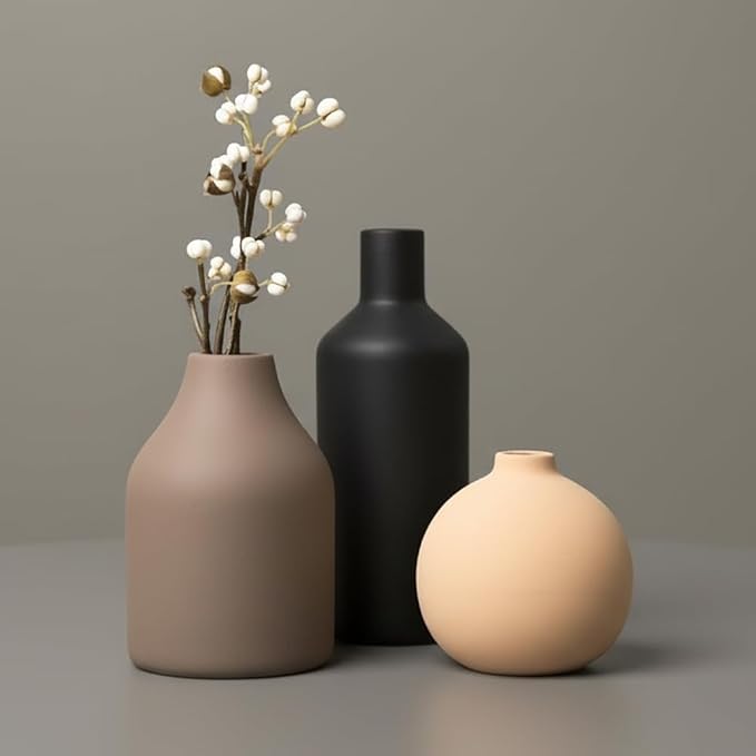 Ceramic Vase Set of 3 - Modern Farmhouse Decorative Vases for Home Decor. Boho, Rustic Vase, Small Neutral Pottery Vase Se...