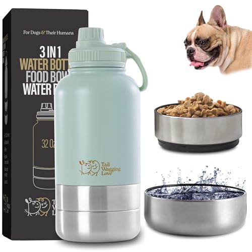 Tail Wagging Love 32oz 3-in-1 Portable Travel Water Bottle, Food & Hydration Bottle - Dual Use for Humans & Pets with Deta...