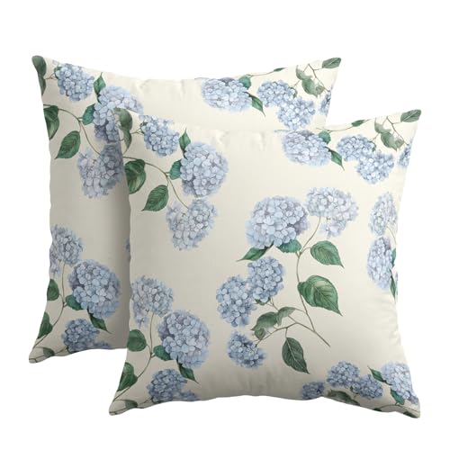 Kawani Blue Hydrangea Pillow Covers 18x18 Inch Set of 2 Blue Floral Outdoor Decorative Throw Pillow Covers Rustic Flower P...