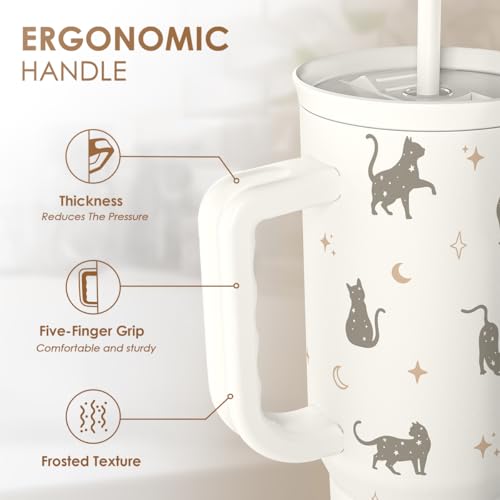 Gift for Cat Lovers Cat Mom – 40oz Stainless Steel Tumbler with Handle and Straw - Travel Coffee Mug for Women, Gift for B...