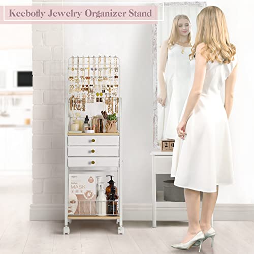 Keebofly Jewelry Organizer Stand with 3 Drawers, Large Necklace Holder & Earring Organizer Rack, Wooden Jewelry Tree Tower...
