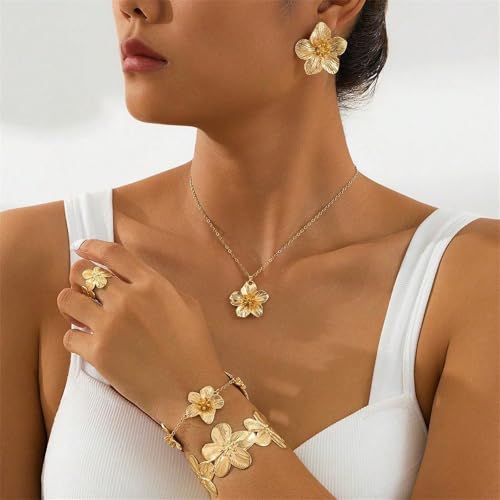 MALOYANVE Golden Flower Necklace Earring Ring Bracelet Set for Women Gold - Toned Floral Jewelry Set Elegant Flower - Shap...