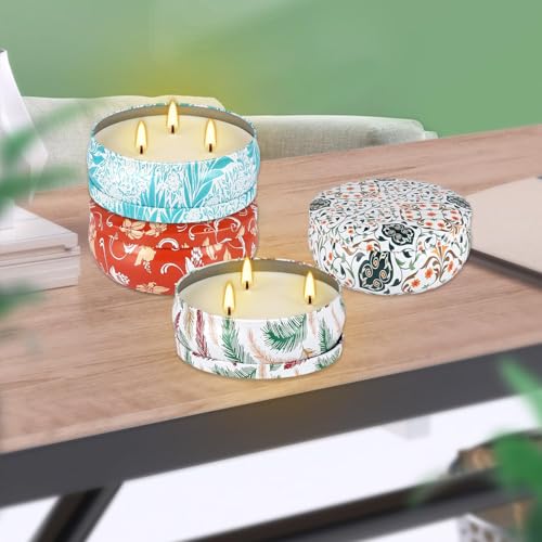 4-Pack Citronella Candle Set in Decorative Tropical Flower Tin Boxes - 3-Wick Functional Decorative Candles for Indoor & O...
