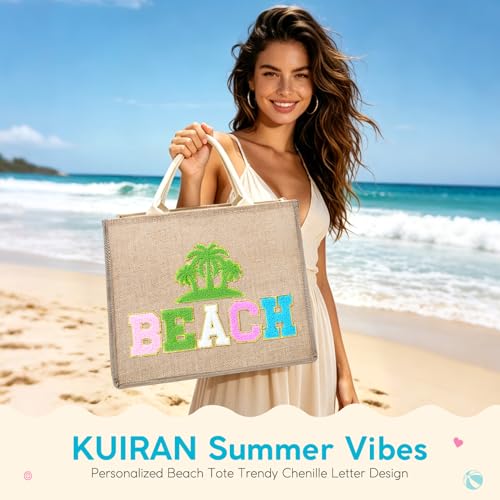 KUIRAN Beach Bag for Women Large Woven Straw Bag with Chenille Letter Patches and Water-resistant Lining, 20L Tote Handbag