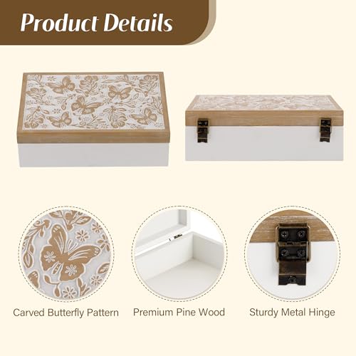 Synovana Wooden Keepsake Box - Decorative Wood Boxes with Hinged Lid, Butterfly Engraved Design, 10.24" W