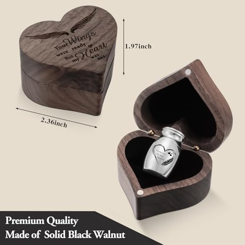 XIUDA Wooden Mini Memorial Small Urns for Ashes Stainless Steel Cremation Mini Urn with Black Walunt Box Funeral Heart Win...