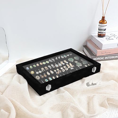 Wudygirl Earring Organizer Tray Jewelry Organizer 32 Pairs Earring Box Organizer Black Velvet Jewelry Display Case with Tr...