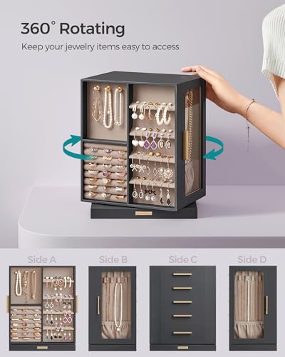 SONGMICS Jewelry Box 360° Rotating, Jewelry Storage Case with 5 Drawers, Jewelry Organizer, Glass Window, Spacious, Vertic...