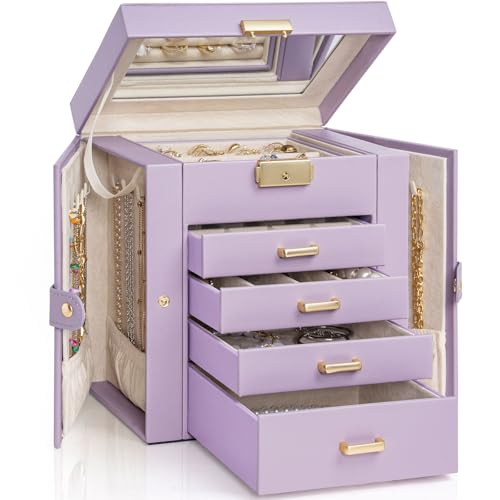 AKOZLIN 5-Tier Jewelry Box Leather Jewelry Storage Organizer with 4 Drawers Lockable for Women Girls Ring Necklace Earring...