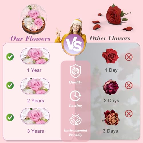 Gift for Woman Forever Flower for Delivery Prime Unique Preserved Flower Fresh Bouquet Pink Roses Birthday Gift for Her, W...