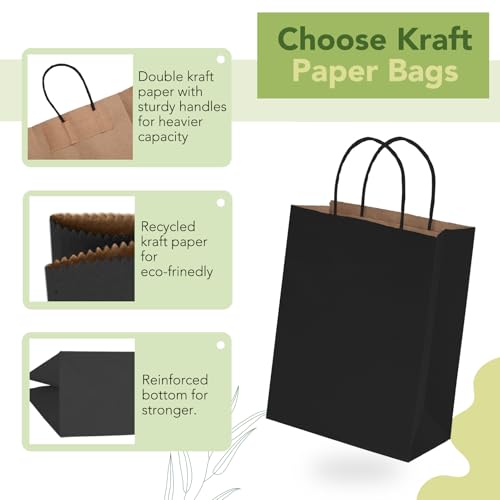 MESHA 100 Pack Black Gift Bags 8x4.25x10.5 Inch Kraft Paper Bags with Handles Bulk Craft Bag Medium Size for Wending Birth...