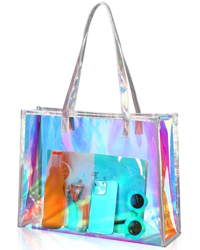 Aliceset Holographic Clear Tote Bag with Leather Handle Iridescent Bachelorette Beach Bag for Work Stadium Travel | with L...