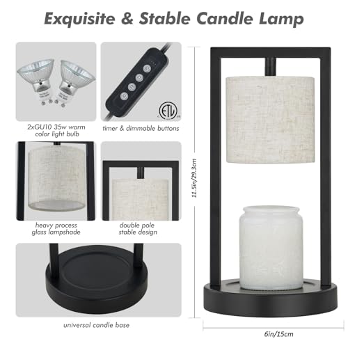 Candle Warmer Lamp with Timer, Black Candle Lamps Linen Fabric Shade, 3-Level Dimmable Candle Warming Wax Melt Warmer for ...
