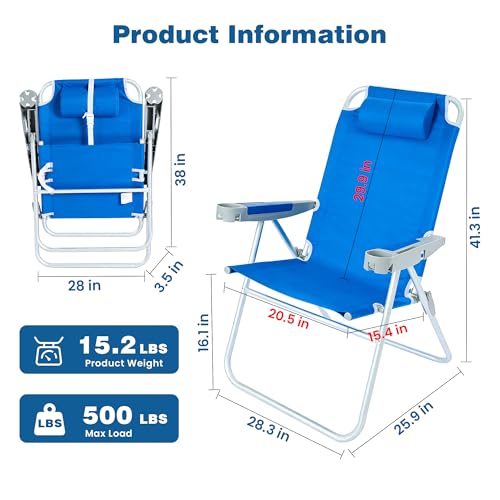 SUNNYFEEL Oversized Tall Folding Beach Chair Lightweight, 17" Portable Sand Chair for Adults Heavy Duty 500 LBS with Cup H...