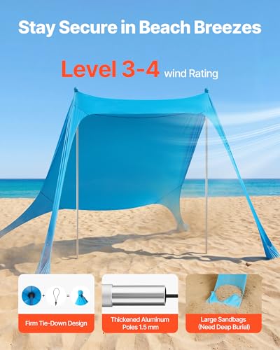 VEVOR Beach Tent Sun Shelter, UPF50+ Sun Protection, 6.6 ft Tall, 7.5x7.5 ft, Easy Pop Up Beach Canopy with Sandbags, Stab...