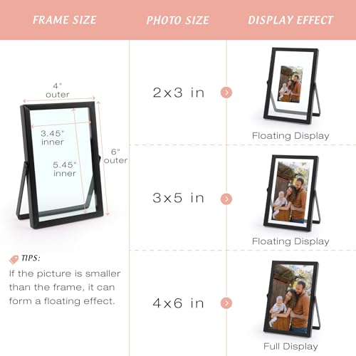Golden State Art, 2 Pack, 4x6 Inch Metal Picture Frames, Floating Display for 3x5, 2x3 Photos, with Real Glass and Pull-Ou...