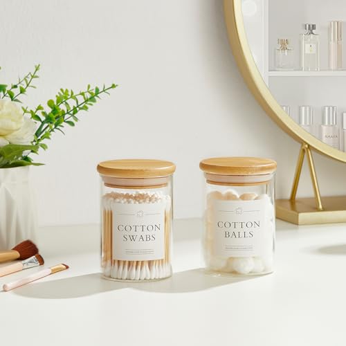 INIUNIK 2 Pack Qtip Holder Dispenser - Glass Apothecary Jars with Lids, Cotton Ball Pad Swab Round Holder, Bamboo Bathroom...