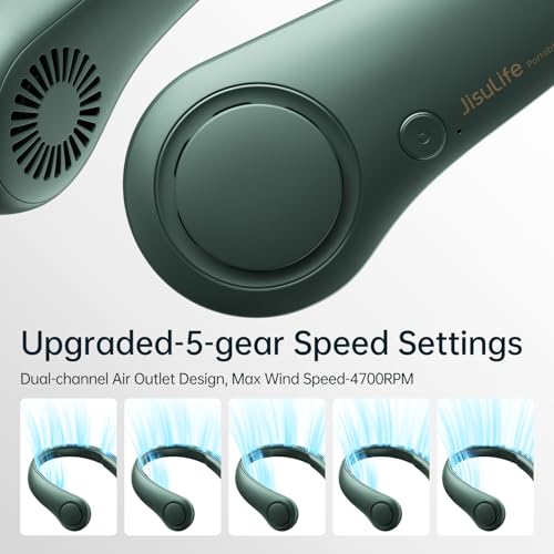 JISULIFE Portable Neck Fan, Hands Free Bladeless Fan, 5 Speeds, 4000 mAh Battery Operated Wearable Personal Fan, Twistabl...