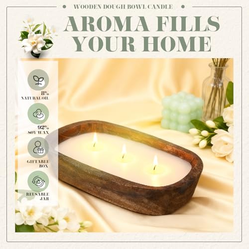 Threlaco 1 Pack 10 Inch Wood Dough Bowl Candles Home Rustic Dough Bowl Soy Candle 3 Wick Scented Candles Gifts for Men Wom...