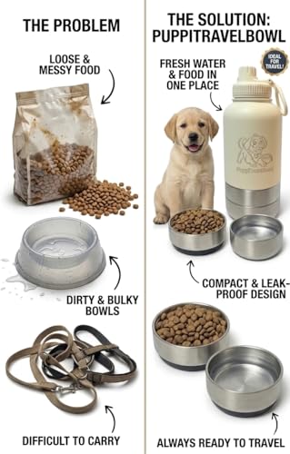PuppiLovePets PuppiTravelBowl 3-in-1 Dog Travel Water Bottle – 32oz Insulated Aluminum Container with 2 Detachable Cups, L...