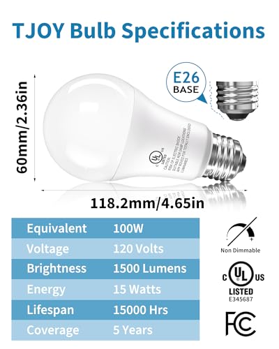 TJOY 6 Pack LED Light Bulbs, 100 Watt Equivalent A19 Lightbulbs, 15W 5000K Daylight White, Bright Energy Efficient LED Bul...