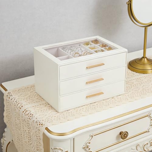 GUOER Jewelry Box for Women, Glass Lid Jewelry Organizer with 3 Drawers PU Jewelry Storage Case for Necklaces Rings Earrin...