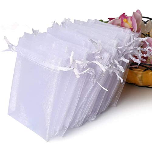 Hopttreely 100PCS Premium Sheer Organza Bags, White Wedding Favor Bags with Drawstring, 4x4.72 Jewelry Gift Bags for Part...