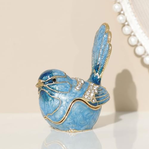 Exquisite Hand - Painted Enamel Blue Bird Trinket Box Hinged Rhinestone - Adorned Mini Jewelry Organizer for Rings & Neckl...