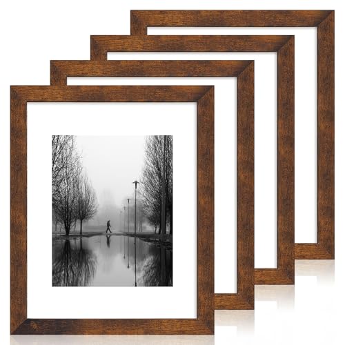 iRahmen 11x14 Picture Frame Set of 4 with Tempered Glass, Rustic Frame Display 8x10 Pictures with Mat or 11 x 14 Without M...