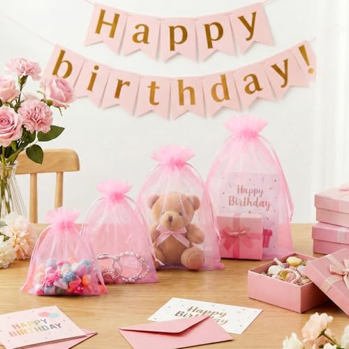 FUNFERY 100 Pcs Pink Organza Bags 5x7 in, Small Mesh Drawstring Gift Bags for Sachet, Jewelry, Candy, Wedding Favor, Valen...