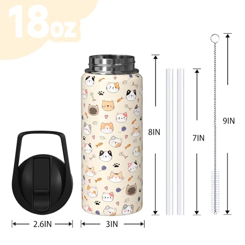 Sabobo 18oz Cats Water Bottles with Flip Straw & Spout Lid, Double Wall Stainless Steel Travel Sport Bottle, Cream Gym Gif...