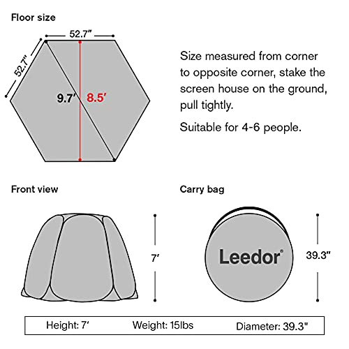 LEEDOR Pop Up Screen House, 6-10-15 Person Outdoor Screen Tent，Camping Screen Room with Carry Bag, Screened Gazebo with Mo...