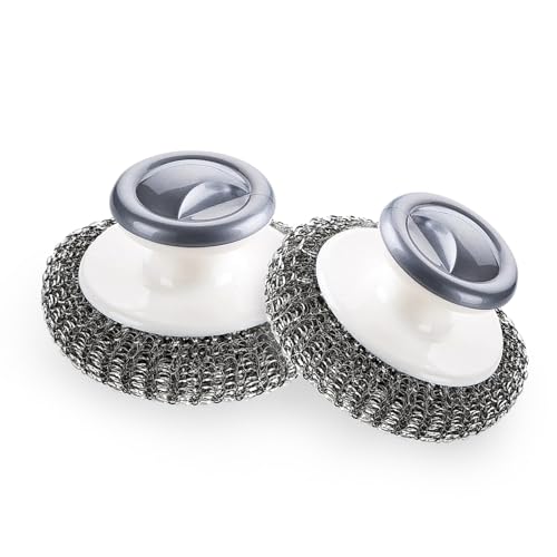 2Pcs Stainless Steel Scrubber with Handle, Steel Wool Scrubber Tool for Cleaning Dishes, Scrubbing Scouring Brush Pad for ...