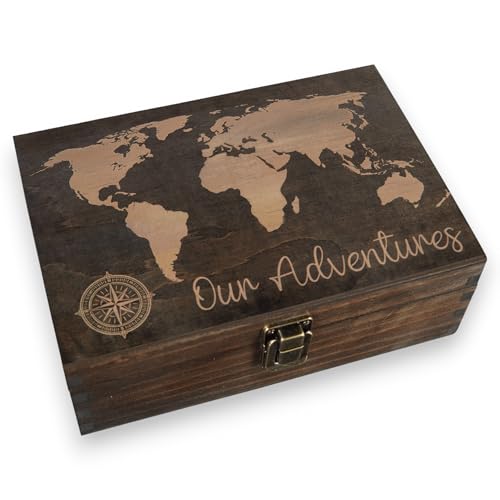 Engraved Adventure Memory Box – Wooden Keepsake Box for Travel Memories, Camping, Couples and Valentine’s Day, Rustic Stor...