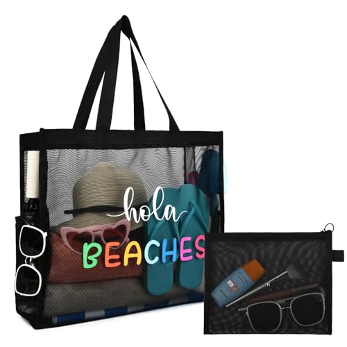 KUIRAN 30L Large Beach Bag with Pouch Foldable Sandproof Lightweight Mesh Tote Bag with Two Pockets for Swimming Travel