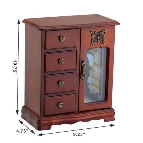 RR ROUND RICH DESIGN Solid Wooden Jewelry Box Makeup and Organizer Women Ring Storage with 4-Drawers Built-in Necklace Car...