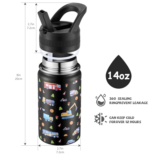 14 Oz Kids Water Bottle, Stainless Steel Water Bottle with Straws, Leak-Proof, BPA-Free, Insulated Water Bottles for Schoo...